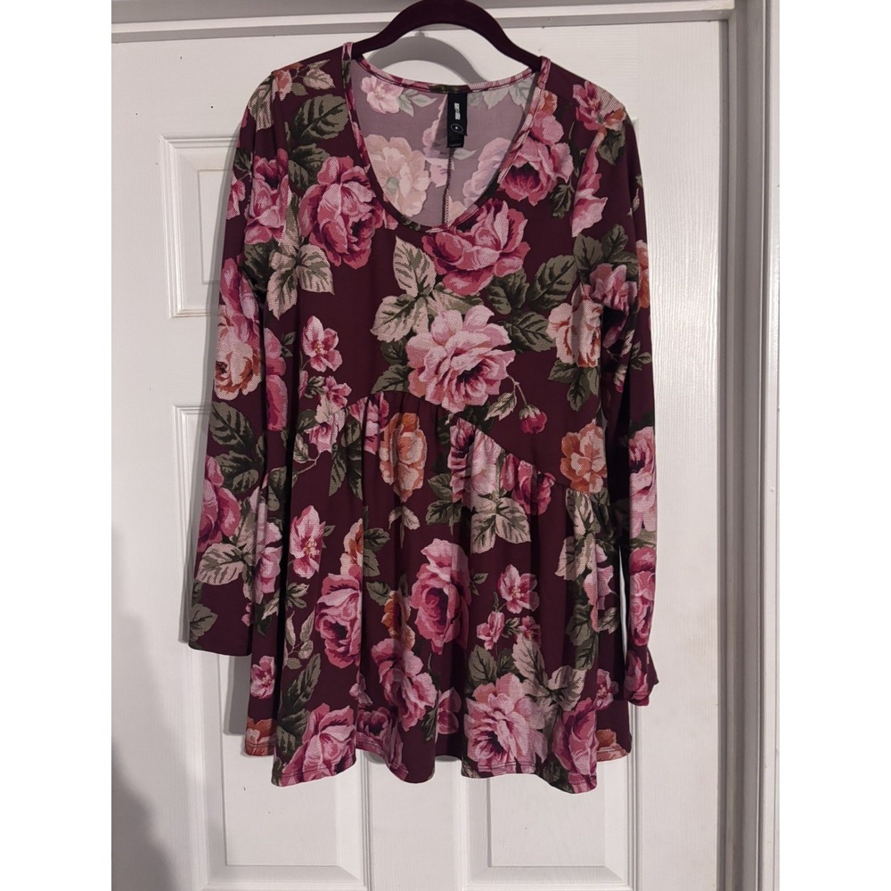 Agnes & Dora Tunic Top Womens S Pink Burgundy Floral Long Sleeve Stretch USA